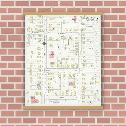 Old map wall art mockup — magnetic wood frame on brick wall — Sanborn Fire Insurance Map from Wadsworth, Medina County, Ohio (1923), Sheet #0005