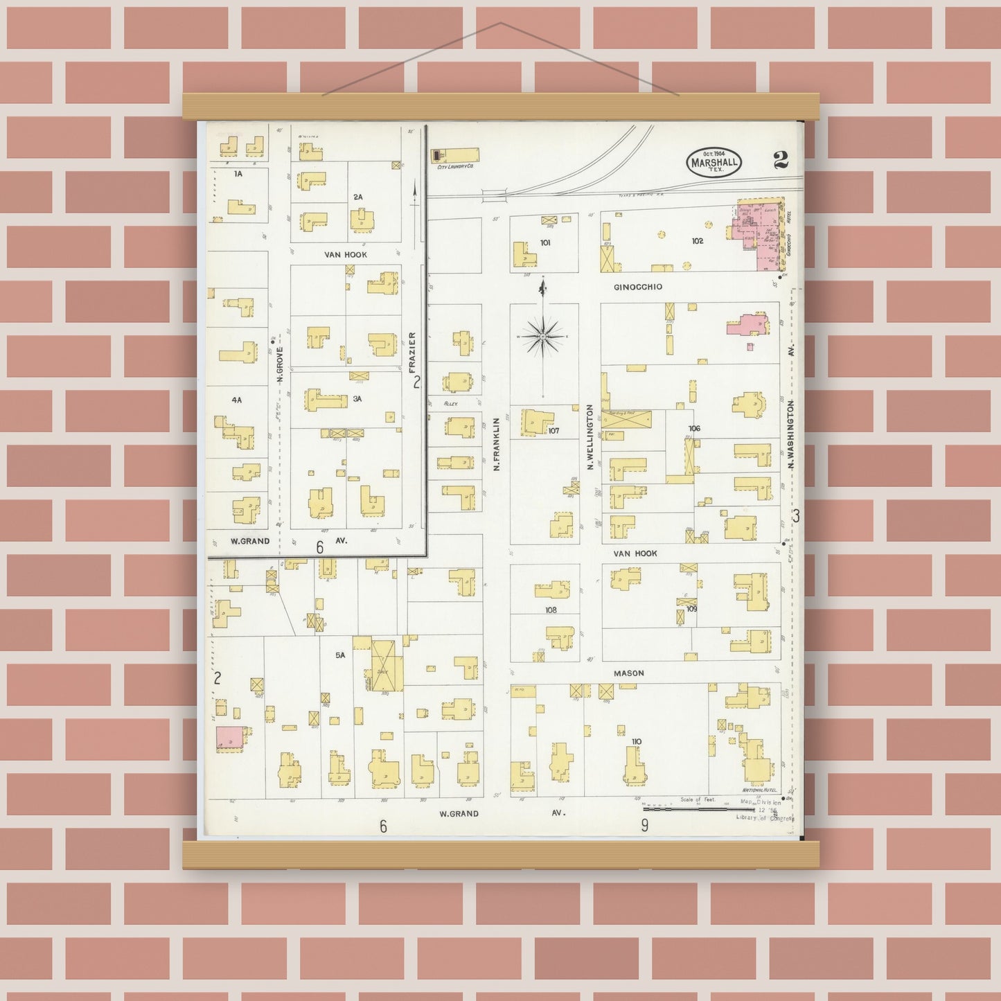 Old map wall art mockup — magnetic wood frame on brick wall — Sanborn Fire Insurance Map from Marshall, Harrison County, Texas (1904), Sheet #0002
