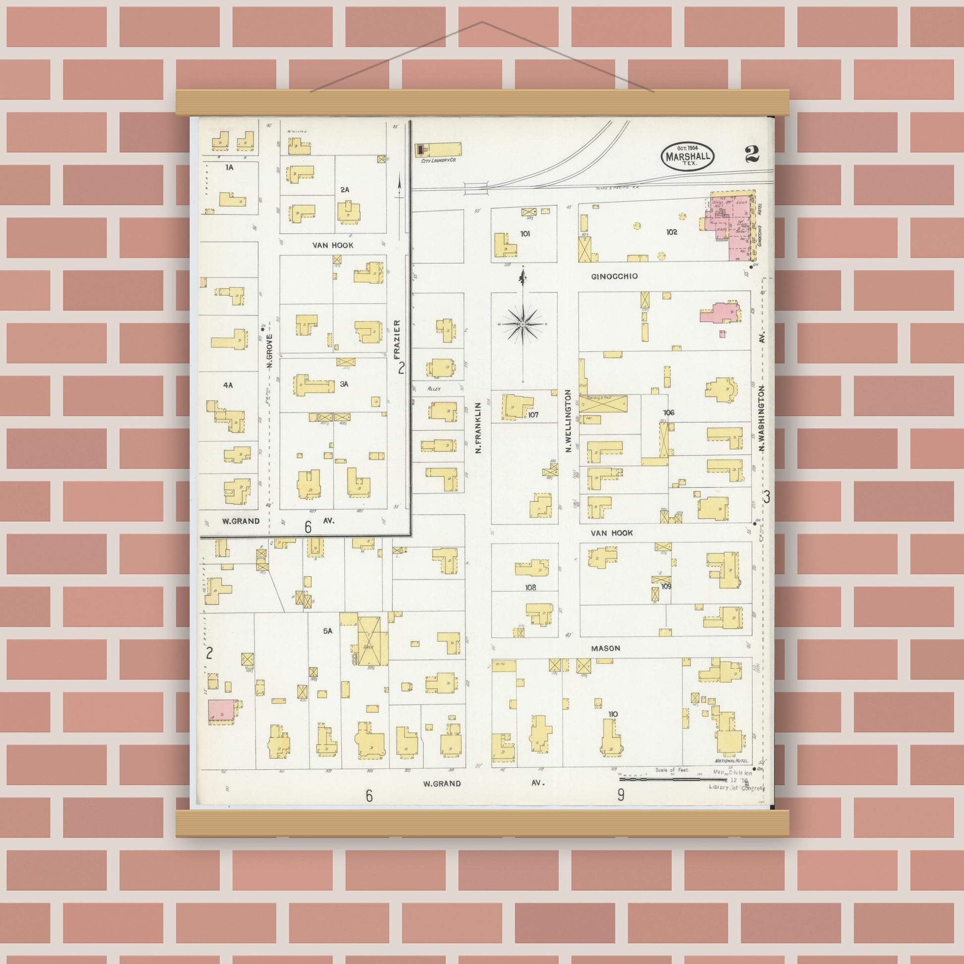 Old map wall art mockup — magnetic wood frame on brick wall — Sanborn Fire Insurance Map from Marshall, Harrison County, Texas (1904), Sheet #0002