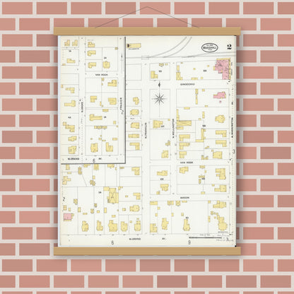 Old map wall art mockup — magnetic wood frame on brick wall — Sanborn Fire Insurance Map from Marshall, Harrison County, Texas (1904), Sheet #0002