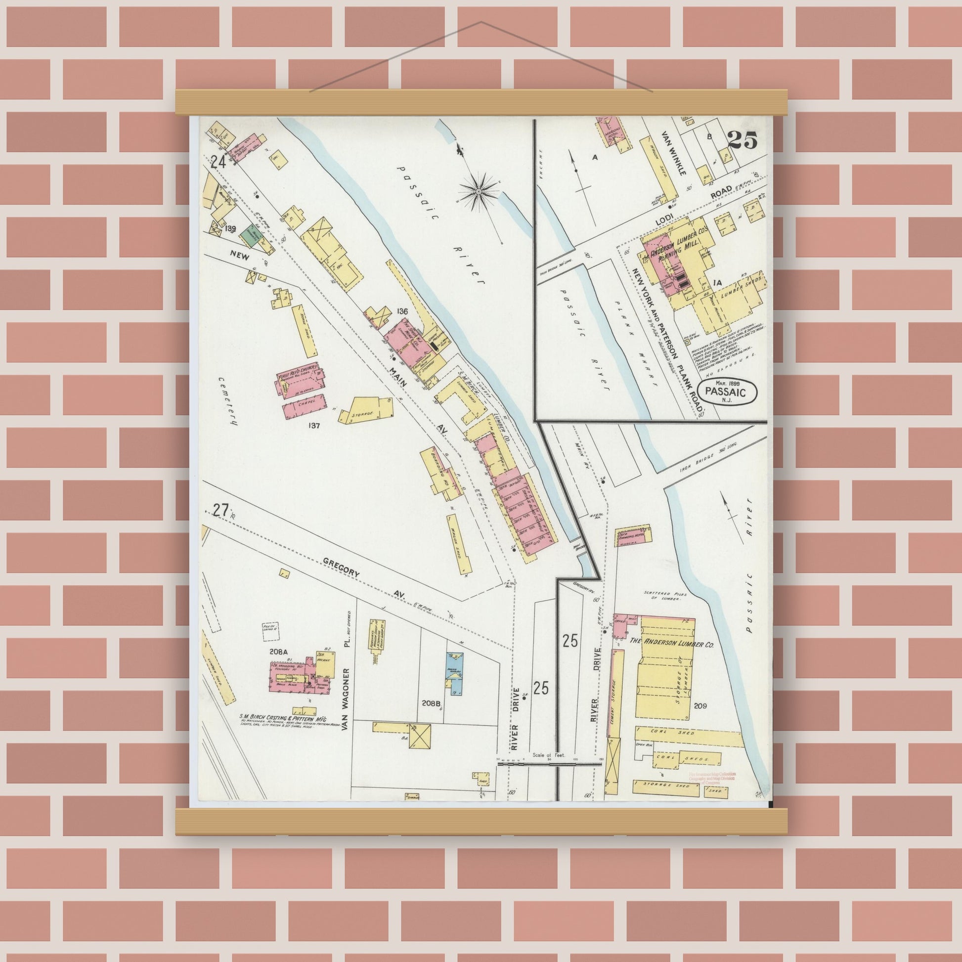 Old map wall art mockup — magnetic wood frame on brick wall — Sanborn Fire Insurance Map from Passaic, Passaic County, New Jersey (1899), Sheet #0025