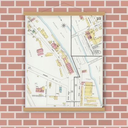 Old map wall art mockup — magnetic wood frame on brick wall — Sanborn Fire Insurance Map from Passaic, Passaic County, New Jersey (1899), Sheet #0025