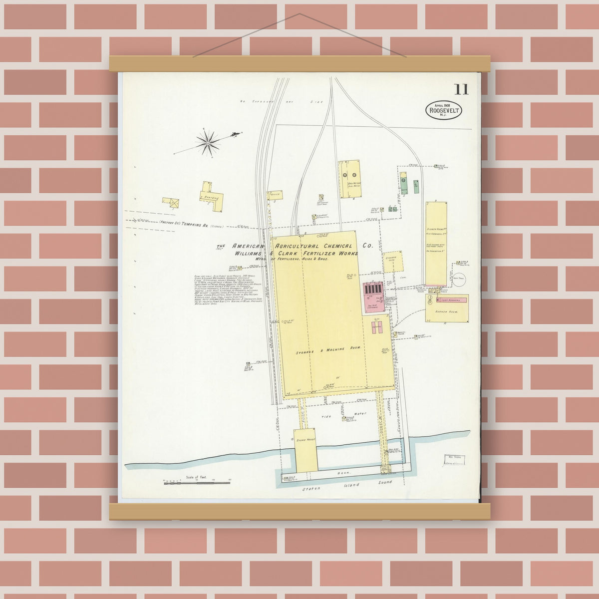 Old map wall art mockup — magnetic wood frame on brick wall — Sanborn Fire Insurance Map from Roosevelt, Middlesex County, New Jersey (1908), Sheet #0011