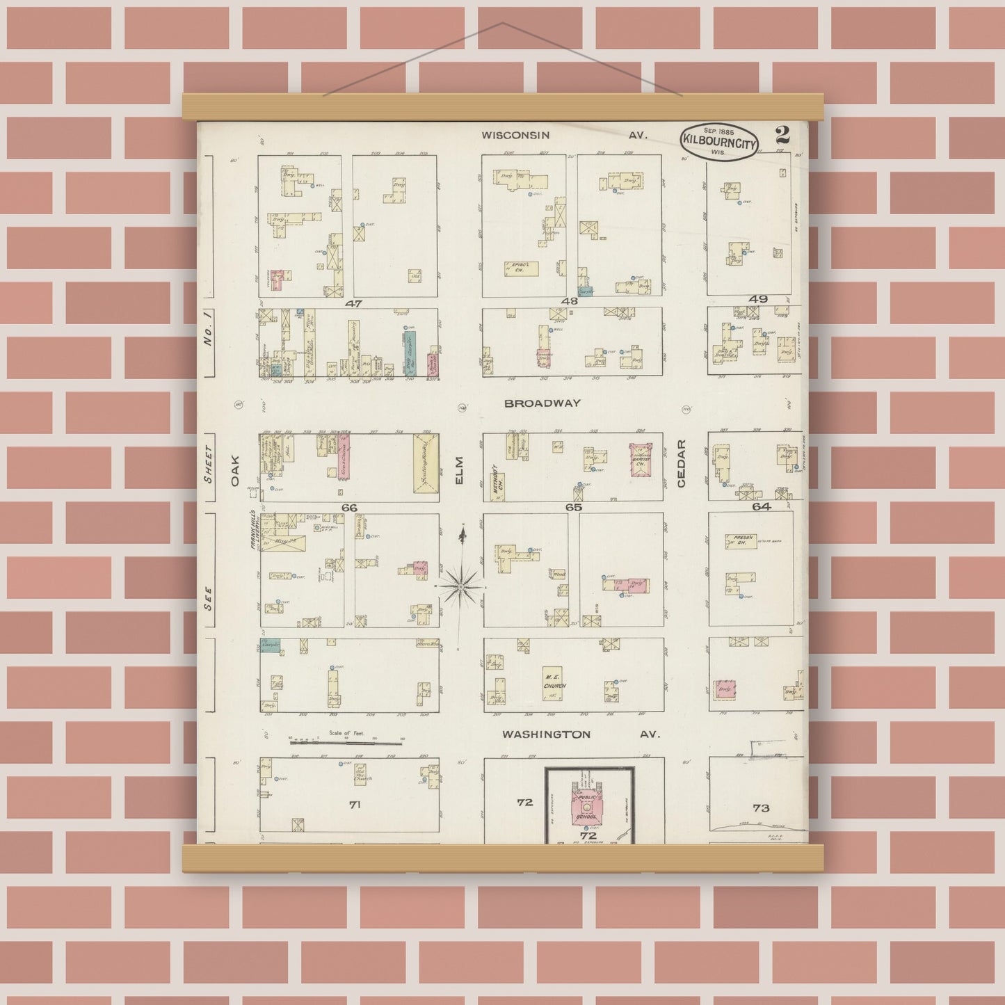 Old map wall art mockup — magnetic wood frame on brick wall — Sanborn Fire Insurance Map from Kilbourn, Columbia County, Wisconsin (1885), Sheet #0002