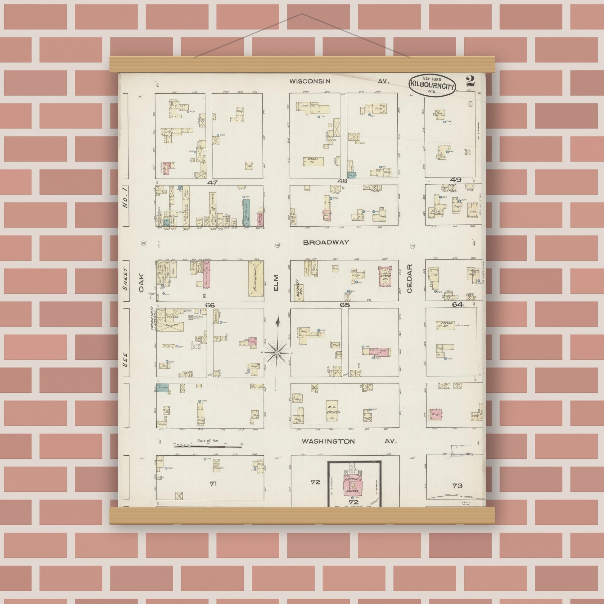 Old map wall art mockup — magnetic wood frame on brick wall — Sanborn Fire Insurance Map from Kilbourn, Columbia County, Wisconsin (1885), Sheet #0002