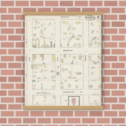 Old map wall art mockup — magnetic wood frame on brick wall — Sanborn Fire Insurance Map from Kilbourn, Columbia County, Wisconsin (1885), Sheet #0002