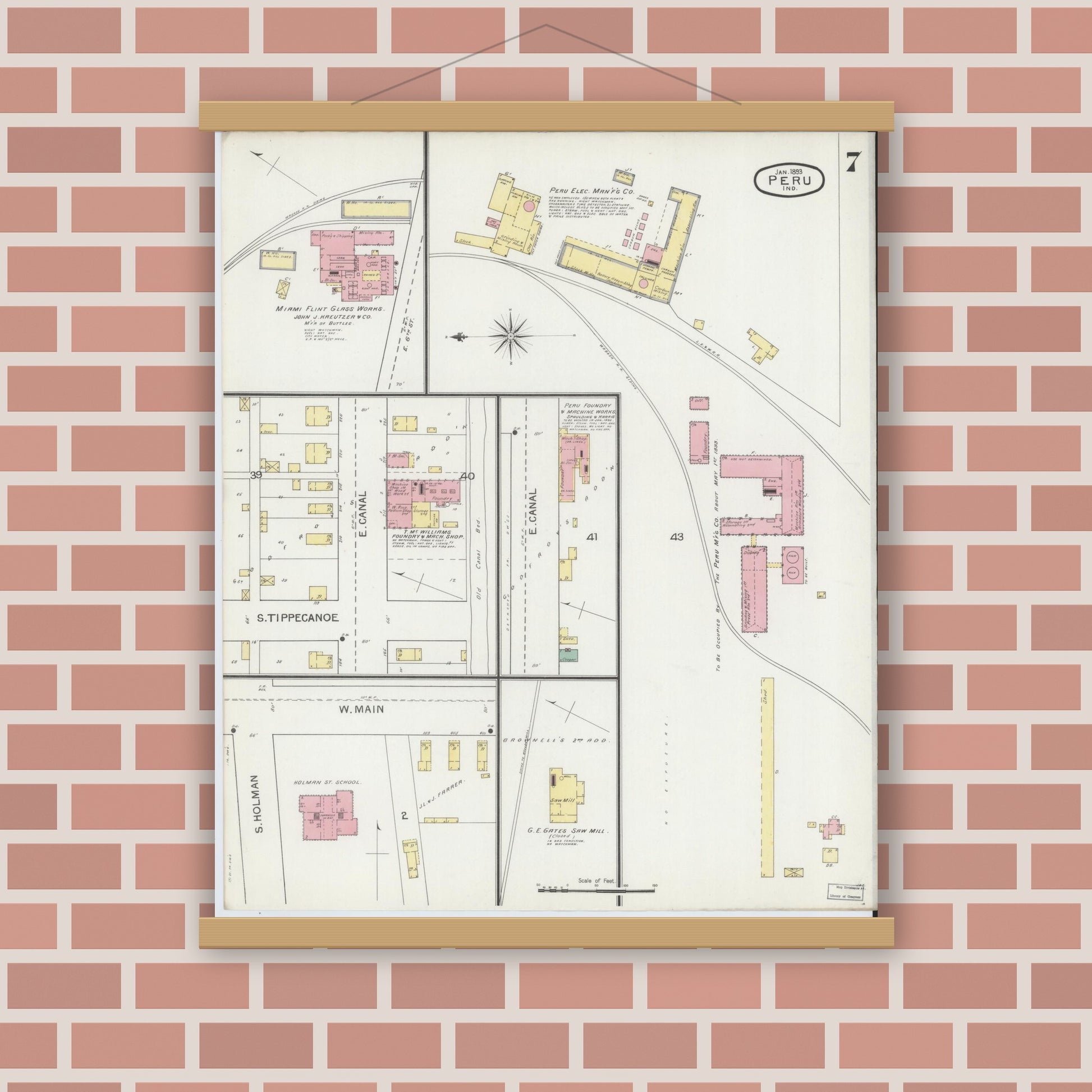 Old map wall art mockup — magnetic wood frame on brick wall — Sanborn Fire Insurance Map from Peru, Miami County, Indiana (1893), Sheet #0007