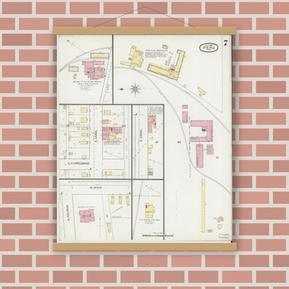 Old map wall art mockup — magnetic wood frame on brick wall — Sanborn Fire Insurance Map from Peru, Miami County, Indiana (1893), Sheet #0007