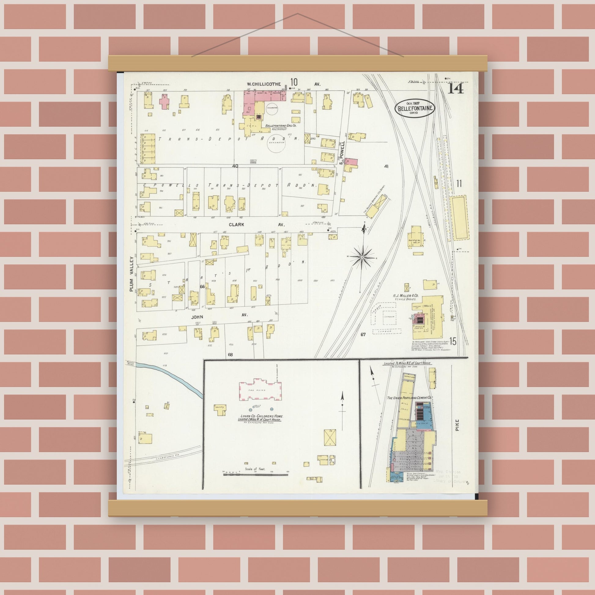 Old map wall art mockup — magnetic wood frame on brick wall — Sanborn Fire Insurance Map from Bellefontaine, Logan County, Ohio (1907), Sheet #0014