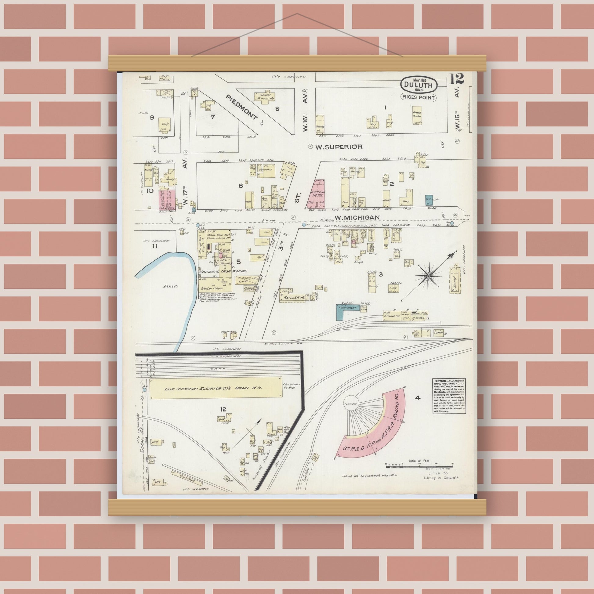 Old map wall art mockup — magnetic wood frame on brick wall — Sanborn Fire Insurance Map from Duluth, Saint Louis County, Minnesota (1884), Sheet #0012
