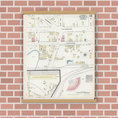 Old map wall art mockup — magnetic wood frame on brick wall — Sanborn Fire Insurance Map from Duluth, Saint Louis County, Minnesota (1884), Sheet #0012