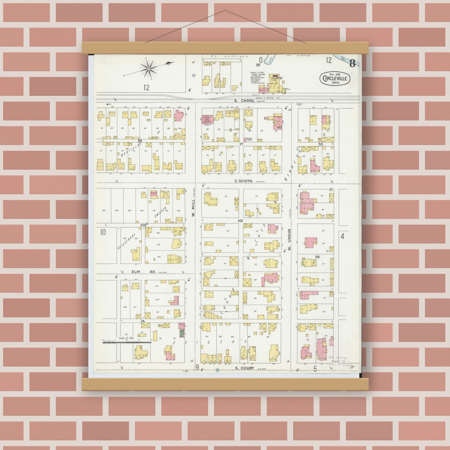 Old map wall art mockup — magnetic wood frame on brick wall — Sanborn Fire Insurance Map from Circleville, Pickaway County, Ohio (1899), Sheet #0008