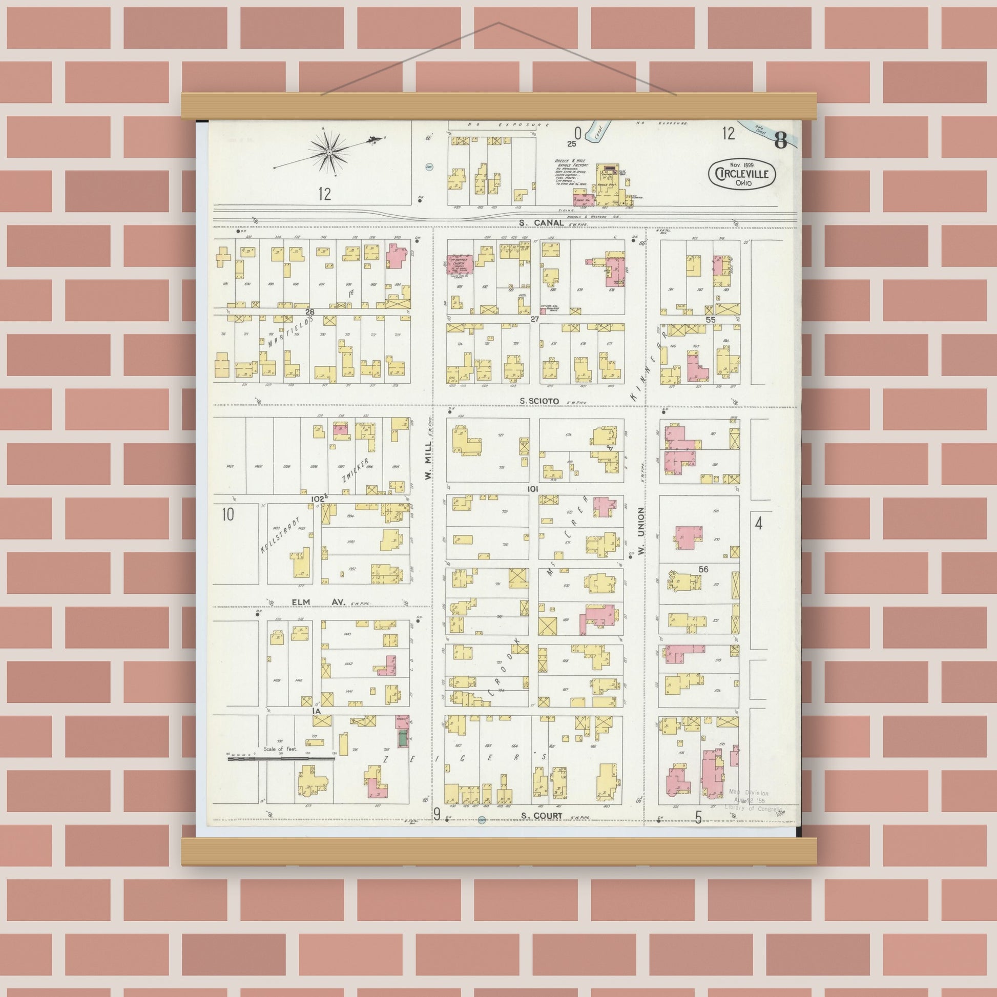 Old map wall art mockup — magnetic wood frame on brick wall — Sanborn Fire Insurance Map from Circleville, Pickaway County, Ohio (1899), Sheet #0008