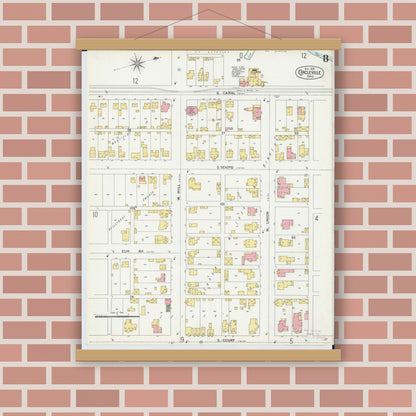 Old map wall art mockup — magnetic wood frame on brick wall — Sanborn Fire Insurance Map from Circleville, Pickaway County, Ohio (1899), Sheet #0008