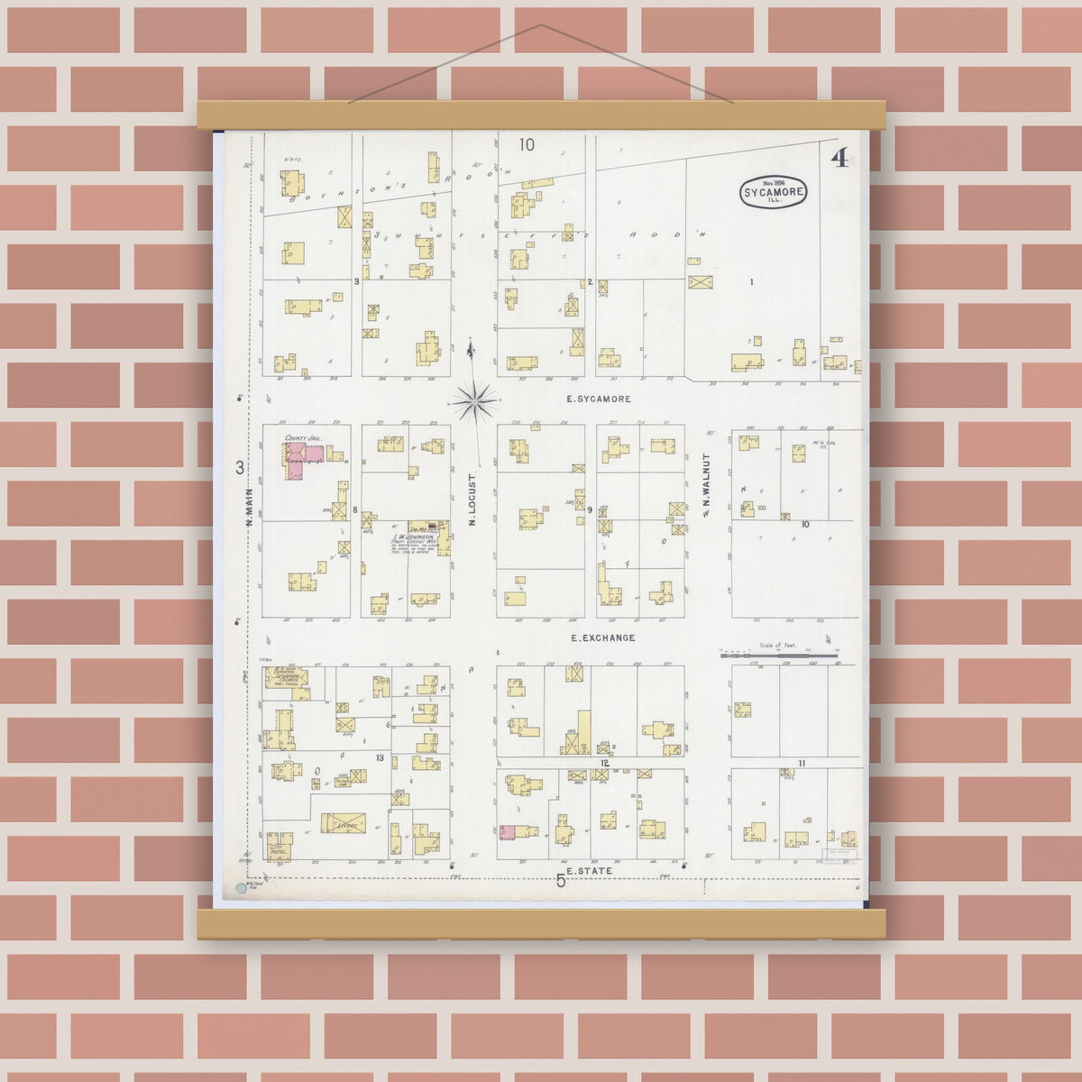 Old map wall art mockup — magnetic wood frame on brick wall — Sanborn Fire Insurance Map from Sycamore, De Kalb County, Illinois (1896), Sheet #0004