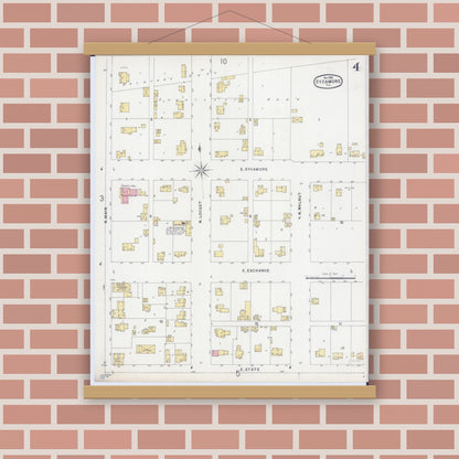 Old map wall art mockup — magnetic wood frame on brick wall — Sanborn Fire Insurance Map from Sycamore, De Kalb County, Illinois (1896), Sheet #0004