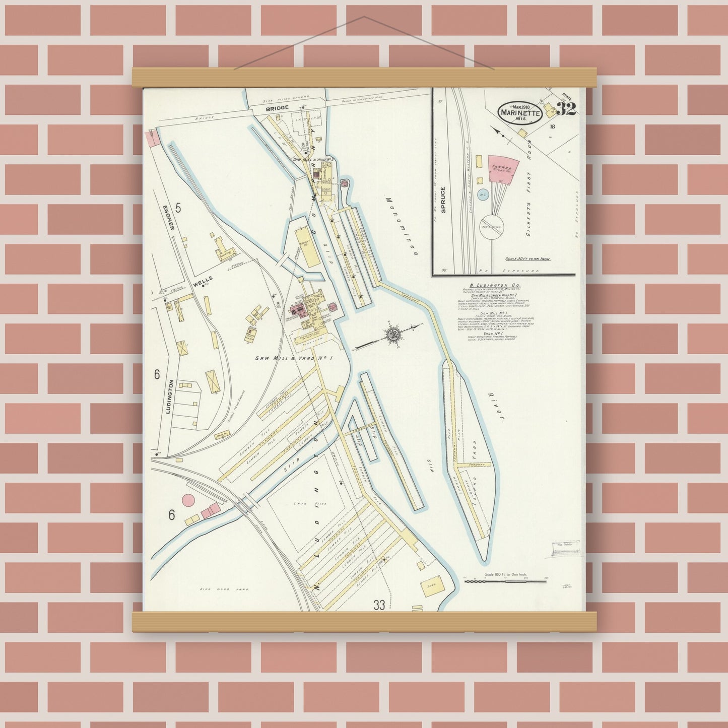 Old map wall art mockup — magnetic wood frame on brick wall — Sanborn Fire Insurance Map from Marinette, Marinette County, Wisconsin (1910), Sheet #0032