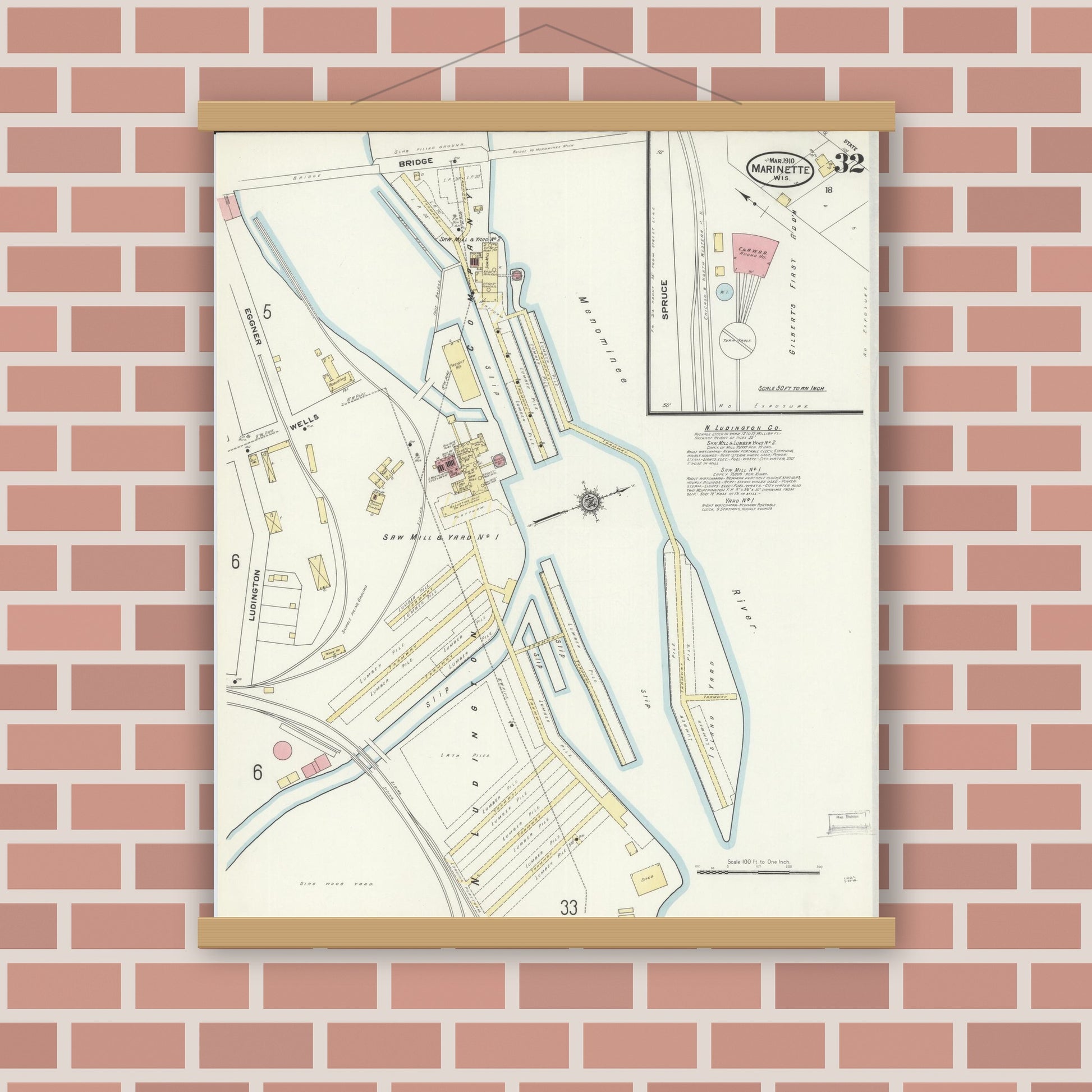 Old map wall art mockup — magnetic wood frame on brick wall — Sanborn Fire Insurance Map from Marinette, Marinette County, Wisconsin (1910), Sheet #0032
