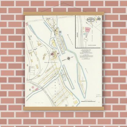 Old map wall art mockup — magnetic wood frame on brick wall — Sanborn Fire Insurance Map from Marinette, Marinette County, Wisconsin (1910), Sheet #0032