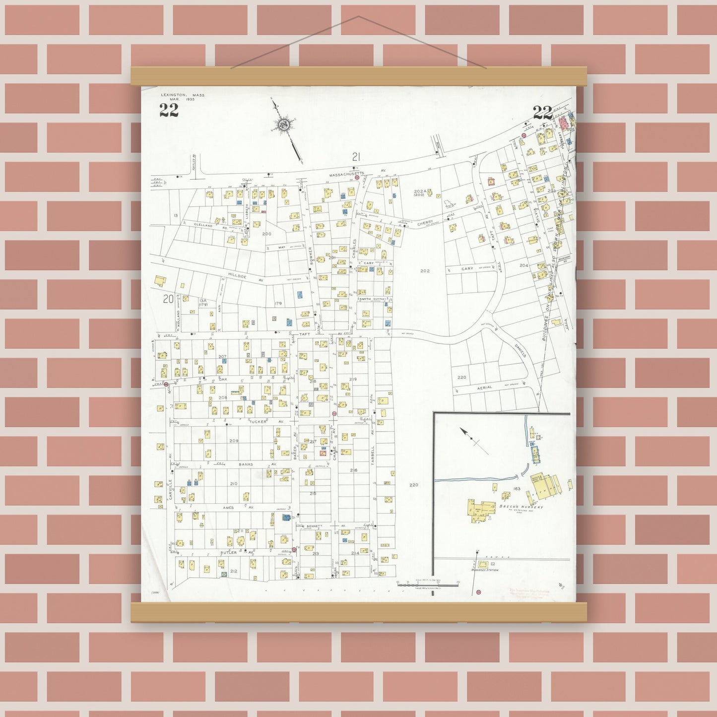 Old map wall art mockup — magnetic wood frame on brick wall — Sanborn Fire Insurance Map from Lexington, Middlesex County, Massachusetts (1935), Sheet #0022