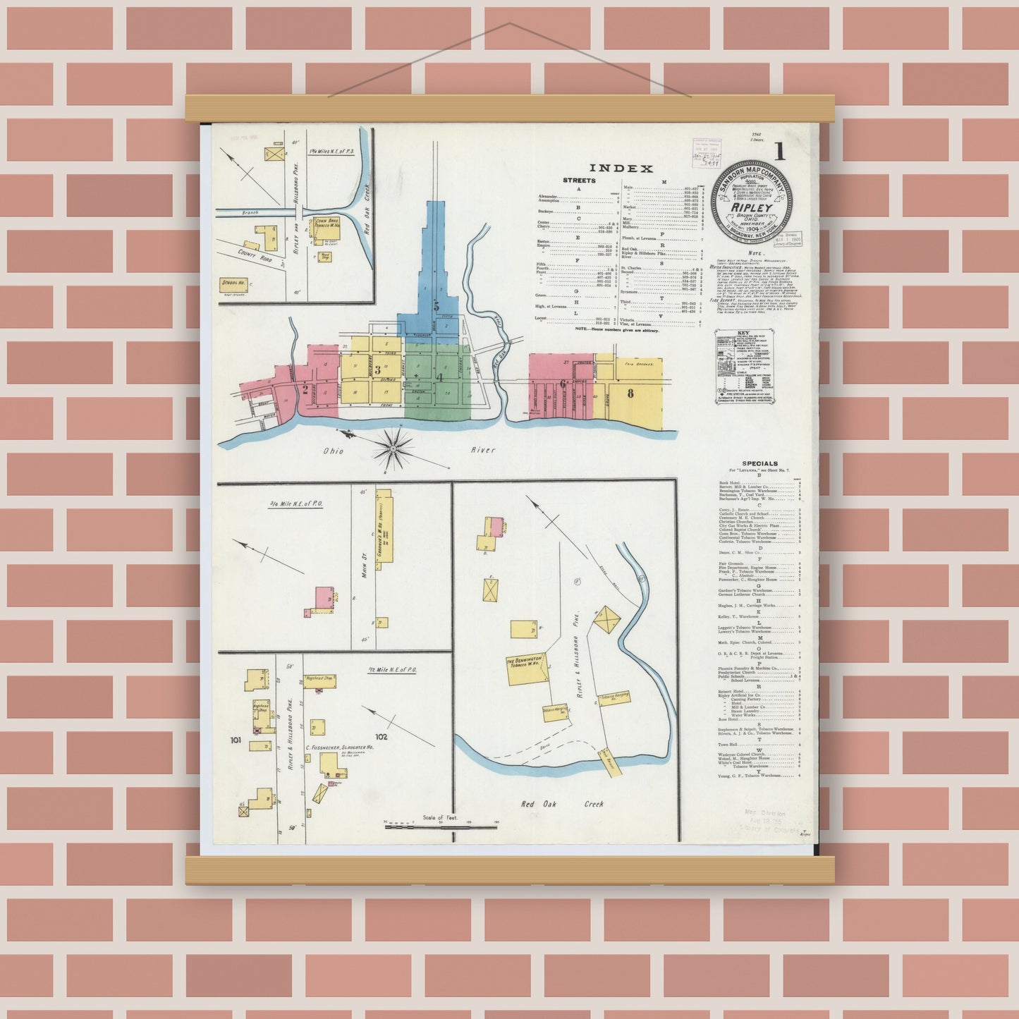 Old map wall art mockup — magnetic wood frame on brick wall — Sanborn Fire Insurance Map from Ripley, Brown County, Ohio (1904), Sheet #0001