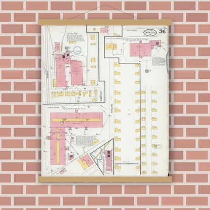 Old map wall art mockup — magnetic wood frame on brick wall — Sanborn Fire Insurance Map from Charlotte, Mecklenburg County, North Carolina (1905), Sheet #0036