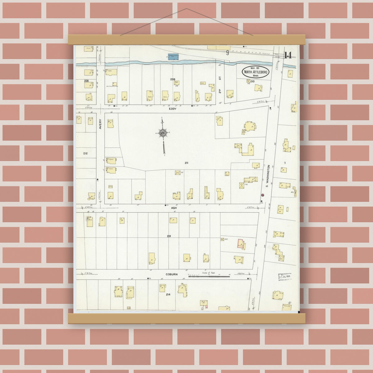 Old map wall art mockup — magnetic wood frame on brick wall — Sanborn Fire Insurance Map from North Attleborough, Bristol County, Massachusetts (1911), Sheet #0014