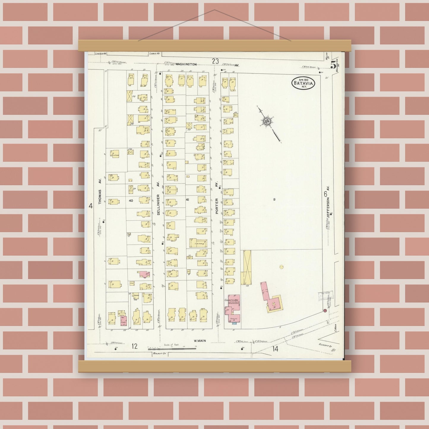 Old map wall art mockup — magnetic wood frame on brick wall — Sanborn Fire Insurance Map from Batavia, Genesee County, New York (1912), Sheet #0005