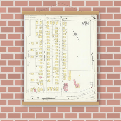 Old map wall art mockup — magnetic wood frame on brick wall — Sanborn Fire Insurance Map from Batavia, Genesee County, New York (1912), Sheet #0005