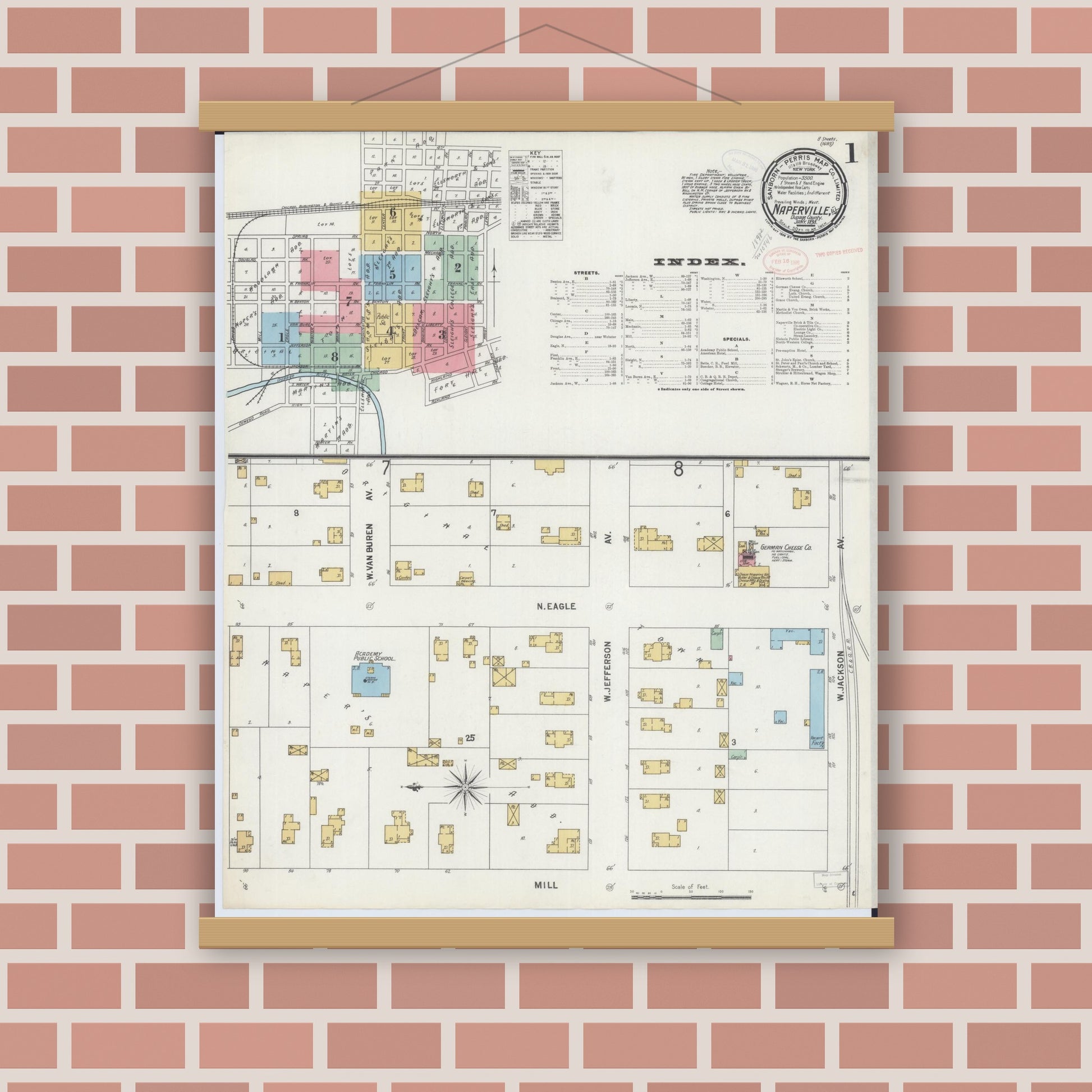 Old map wall art mockup — magnetic wood frame on brick wall — Sanborn Fire Insurance Map from Naperville, Du Page County, Illinois (1898) - Complete Map Set