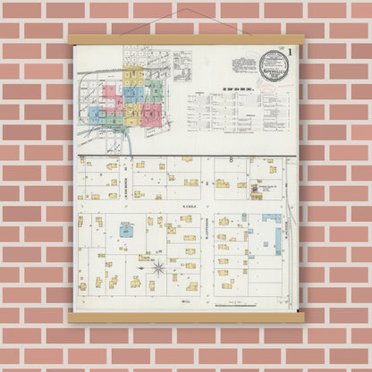 Old map wall art mockup — magnetic wood frame on brick wall — Sanborn Fire Insurance Map from Naperville, Du Page County, Illinois (1898) - Complete Map Set