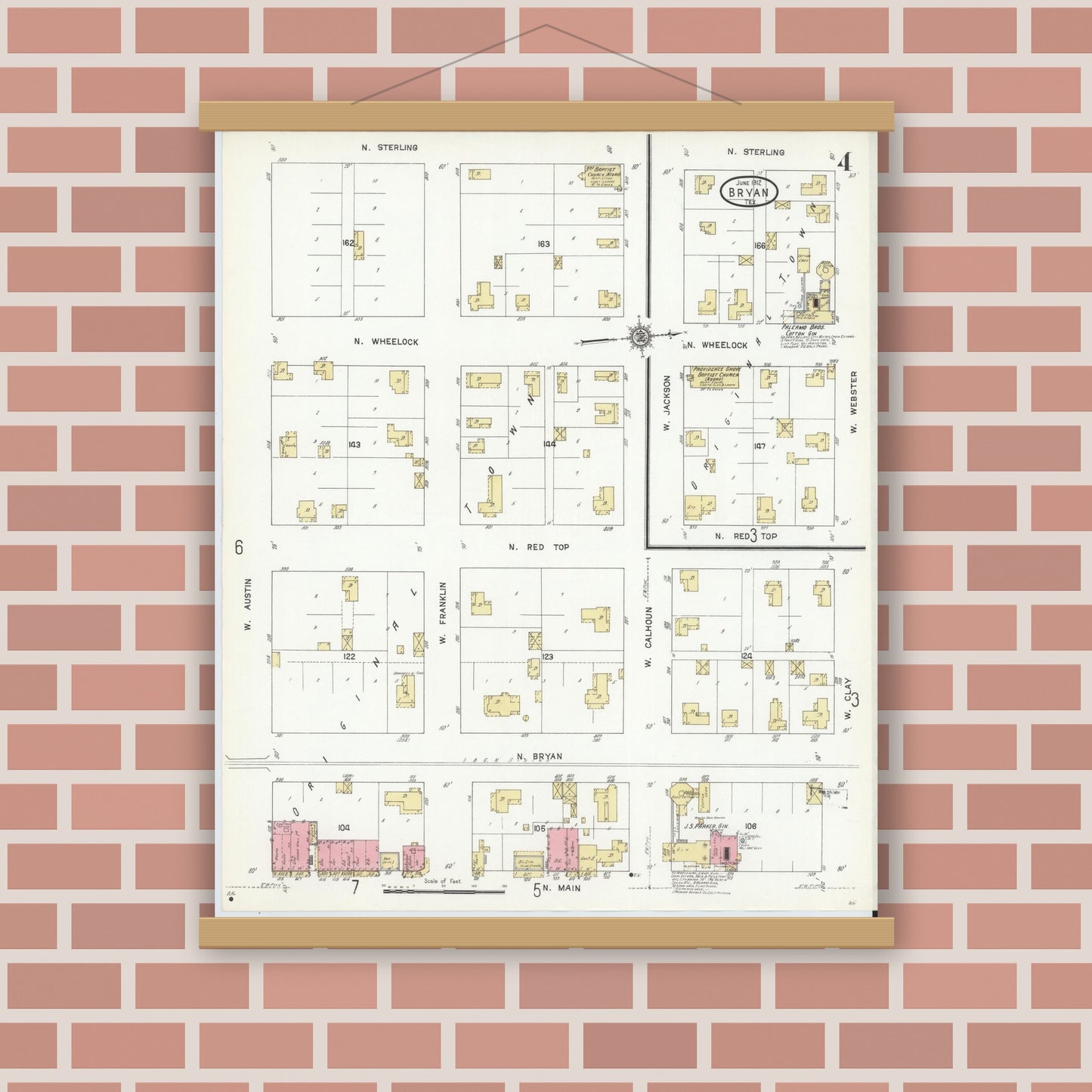 Old map wall art mockup — magnetic wood frame on brick wall — Sanborn Fire Insurance Map from Bryan, Brazos County, Texas (1912), Sheet #0004