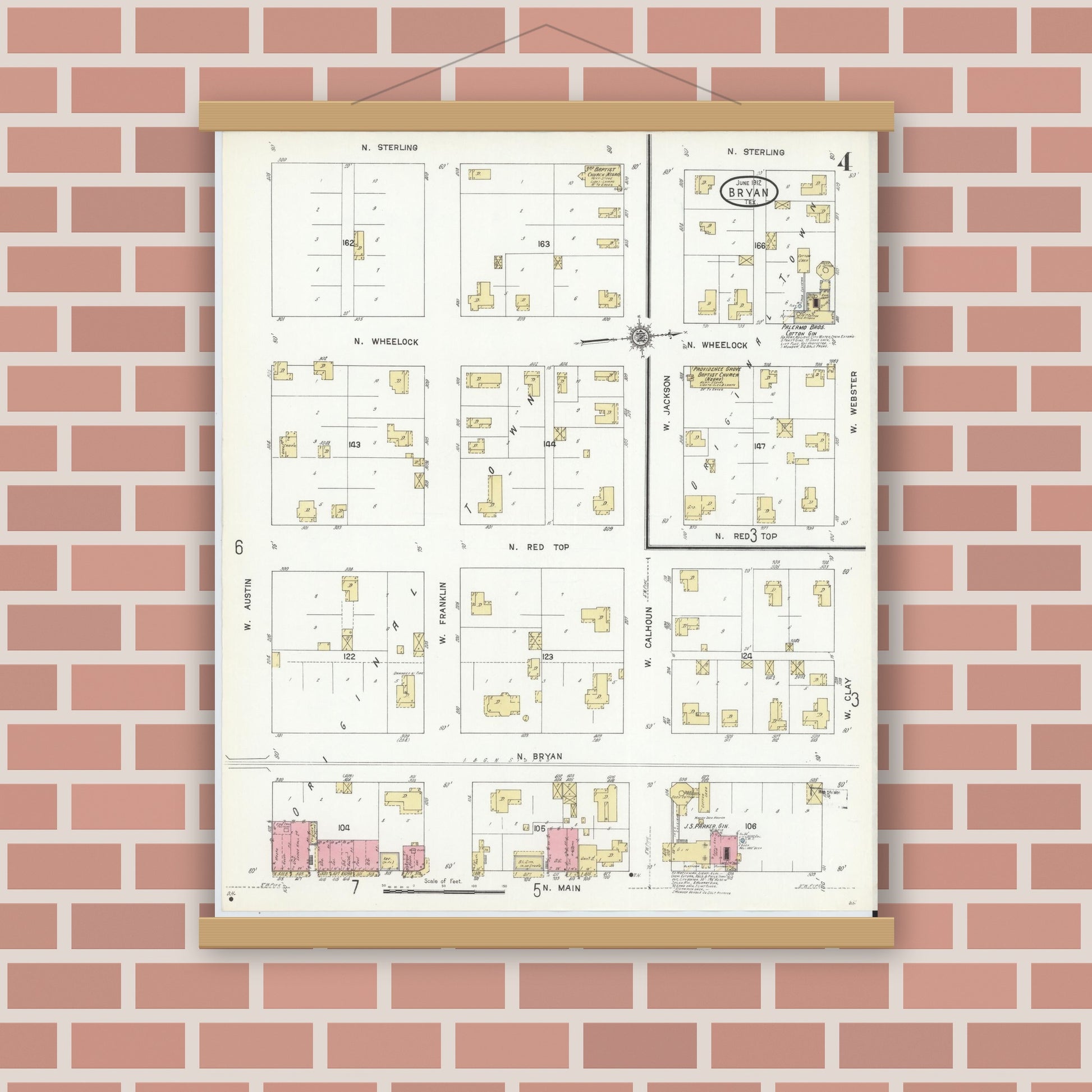 Old map wall art mockup — magnetic wood frame on brick wall — Sanborn Fire Insurance Map from Bryan, Brazos County, Texas (1912), Sheet #0004