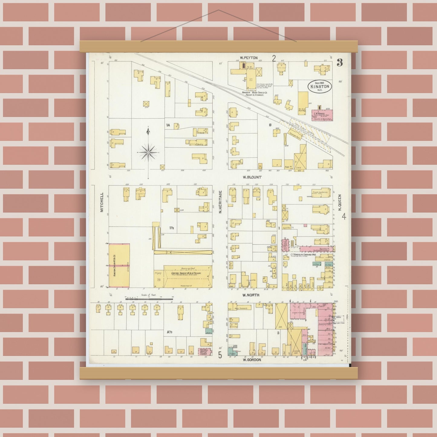 Old map wall art mockup — magnetic wood frame on brick wall — Sanborn Fire Insurance Map from Kinston, Lenoir County, North Carolina (1901), Sheet #0003