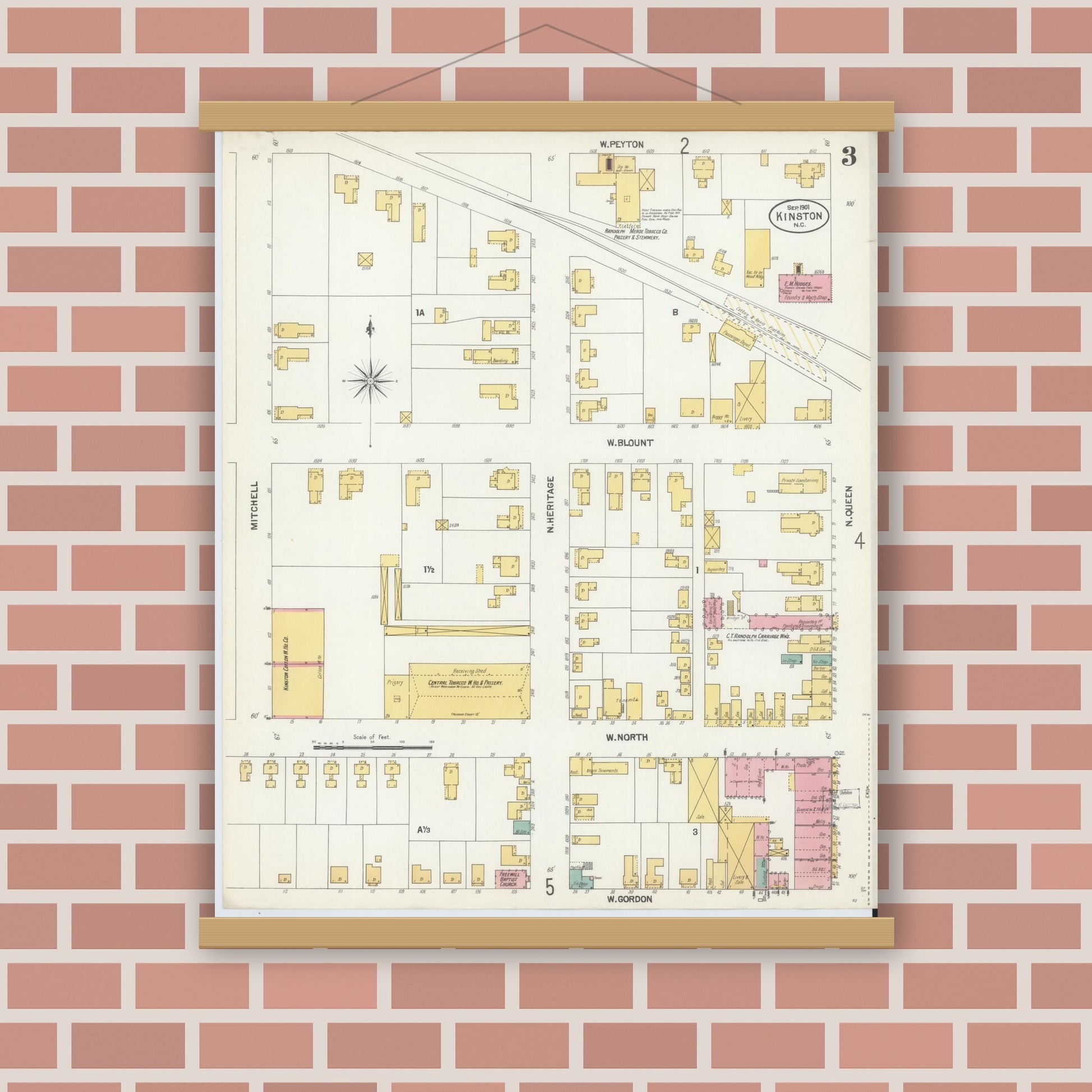 Old map wall art mockup — magnetic wood frame on brick wall — Sanborn Fire Insurance Map from Kinston, Lenoir County, North Carolina (1901), Sheet #0003