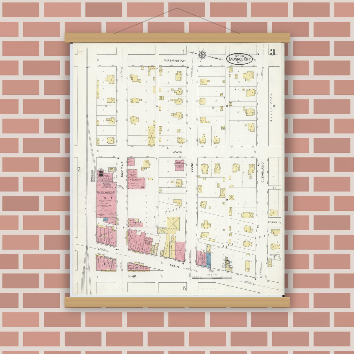 Old map wall art mockup — magnetic wood frame on brick wall — Sanborn Fire Insurance Map from Monroe City, Monroe County, Missouri (1916), Sheet #0003