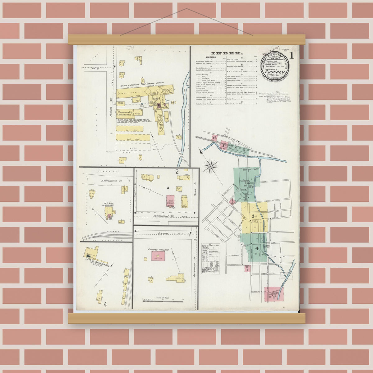 Old map wall art mockup — magnetic wood frame on brick wall — Sanborn Fire Insurance Map from Canisteo, Steuben County, New York (1897) - Complete Map Set