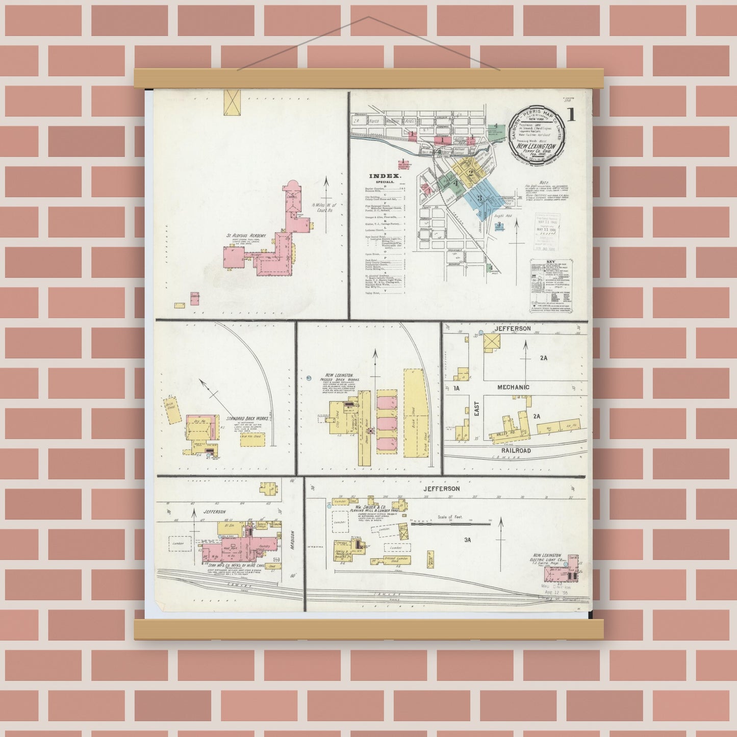 Old map wall art mockup — magnetic wood frame on brick wall — Sanborn Fire Insurance Map from New Lexington, Perry County, Ohio (1900) - Complete Map Set