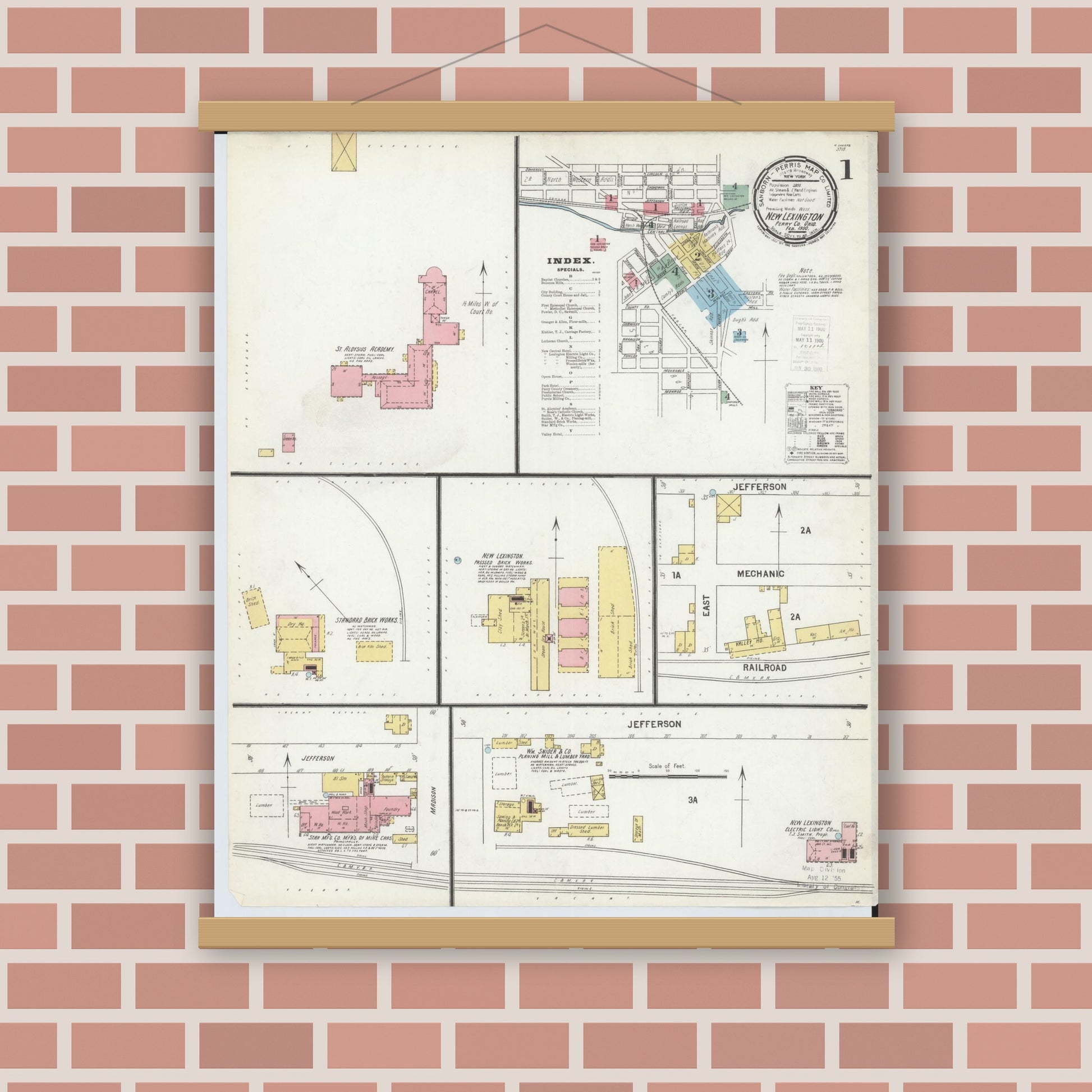 Old map wall art mockup — magnetic wood frame on brick wall — Sanborn Fire Insurance Map from New Lexington, Perry County, Ohio (1900) - Complete Map Set