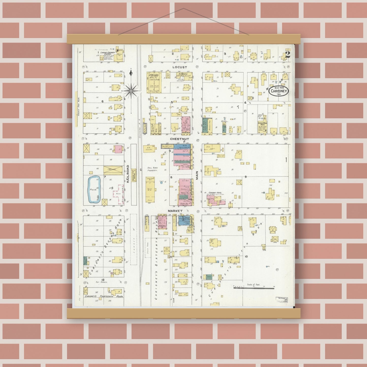 Old map wall art mockup — magnetic wood frame on brick wall — Sanborn Fire Insurance Map from Chrisney, Spencer County, Indiana (1909), Sheet #0002