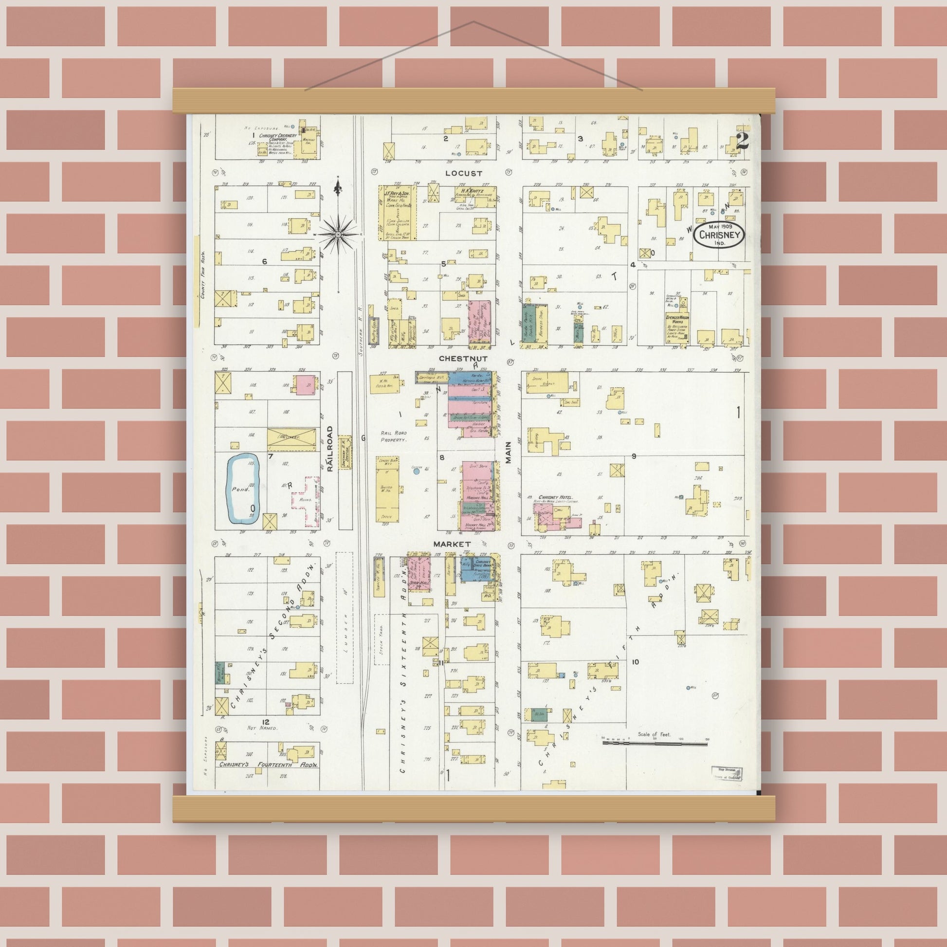 Old map wall art mockup — magnetic wood frame on brick wall — Sanborn Fire Insurance Map from Chrisney, Spencer County, Indiana (1909), Sheet #0002