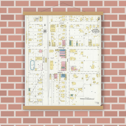 Old map wall art mockup — magnetic wood frame on brick wall — Sanborn Fire Insurance Map from Chrisney, Spencer County, Indiana (1909), Sheet #0002