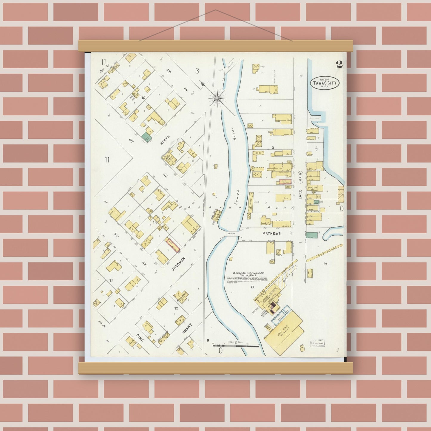 Old map wall art mockup — magnetic wood frame on brick wall — Sanborn Fire Insurance Map from East Tawas, Iosco County, Michigan (1898), Sheet #0002