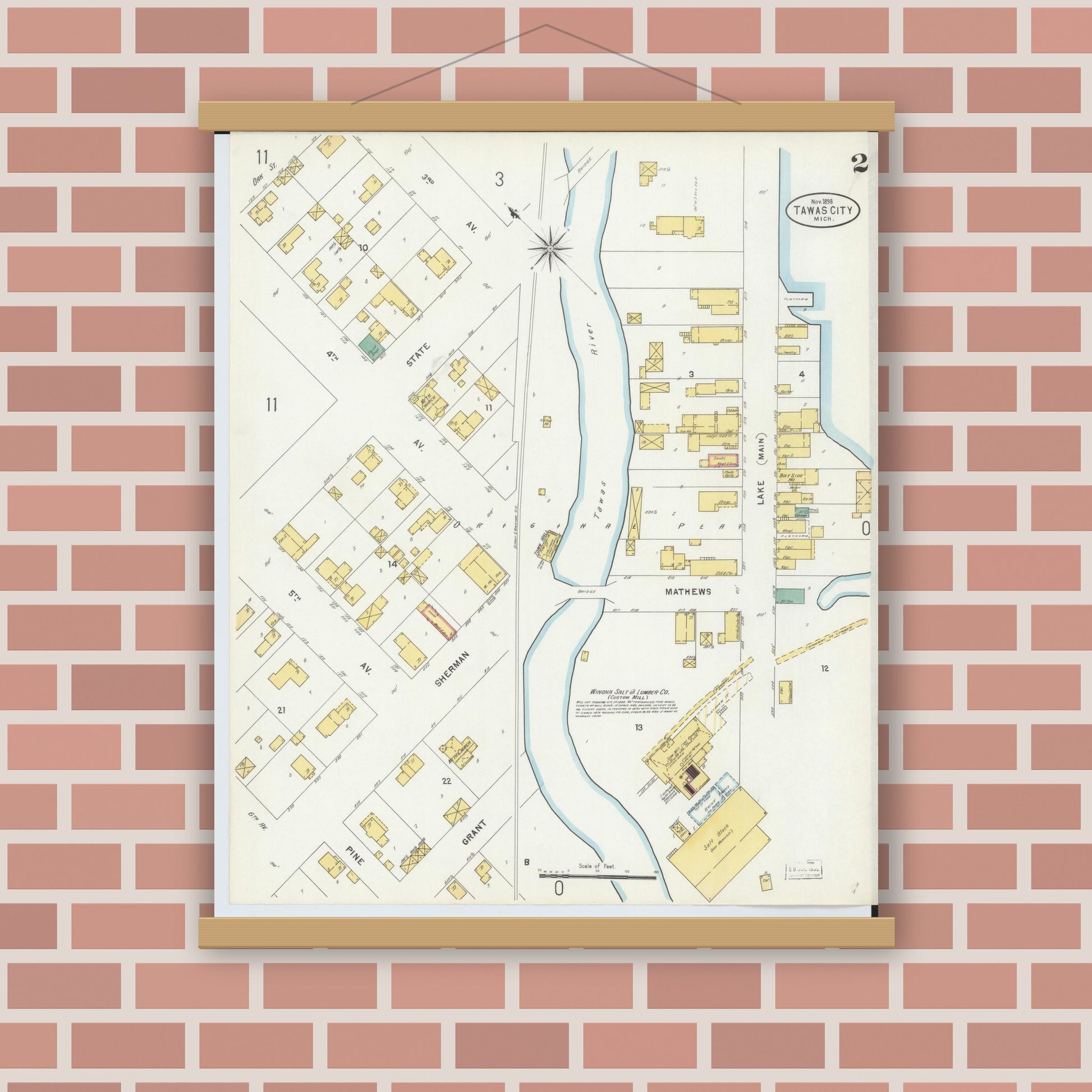 Old map wall art mockup — magnetic wood frame on brick wall — Sanborn Fire Insurance Map from East Tawas, Iosco County, Michigan (1898), Sheet #0002