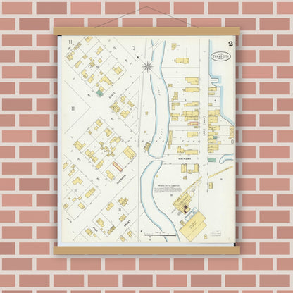Old map wall art mockup — magnetic wood frame on brick wall — Sanborn Fire Insurance Map from East Tawas, Iosco County, Michigan (1898), Sheet #0002