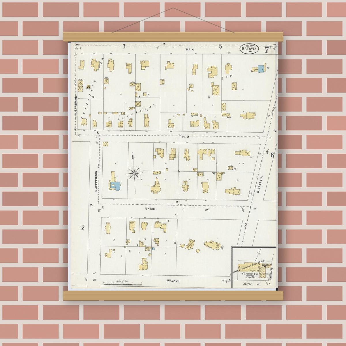 Old map wall art mockup — magnetic wood frame on brick wall — Sanborn Fire Insurance Map from Batavia, Kane County, Illinois (1897), Sheet #0007