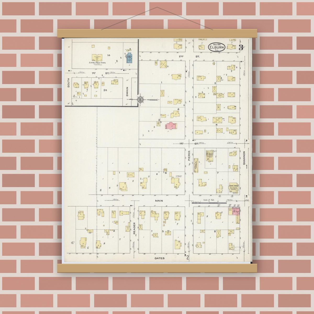 Old map wall art mockup — magnetic wood frame on brick wall — Sanborn Fire Insurance Map from Elburn, Kane County, Illinois (1914), Sheet #0003
