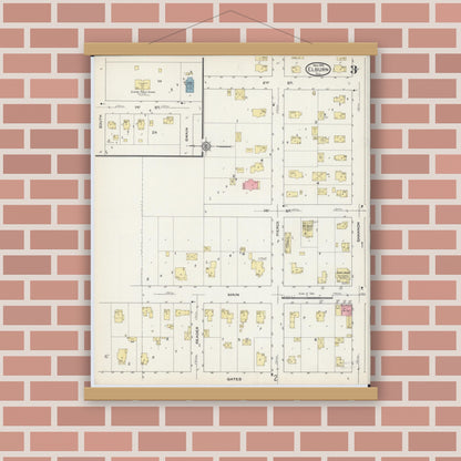 Old map wall art mockup — magnetic wood frame on brick wall — Sanborn Fire Insurance Map from Elburn, Kane County, Illinois (1914), Sheet #0003