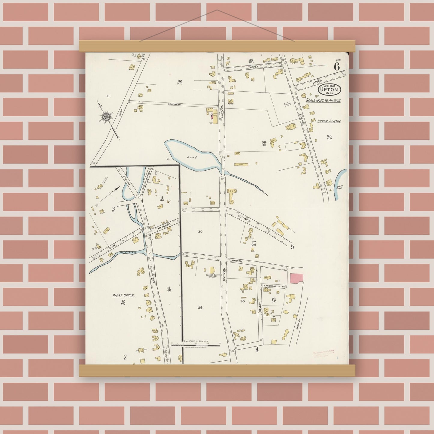Old map wall art mockup — magnetic wood frame on brick wall — Sanborn Fire Insurance Map from Upton, Worcester County, Massachusetts (1922), Sheet #0006