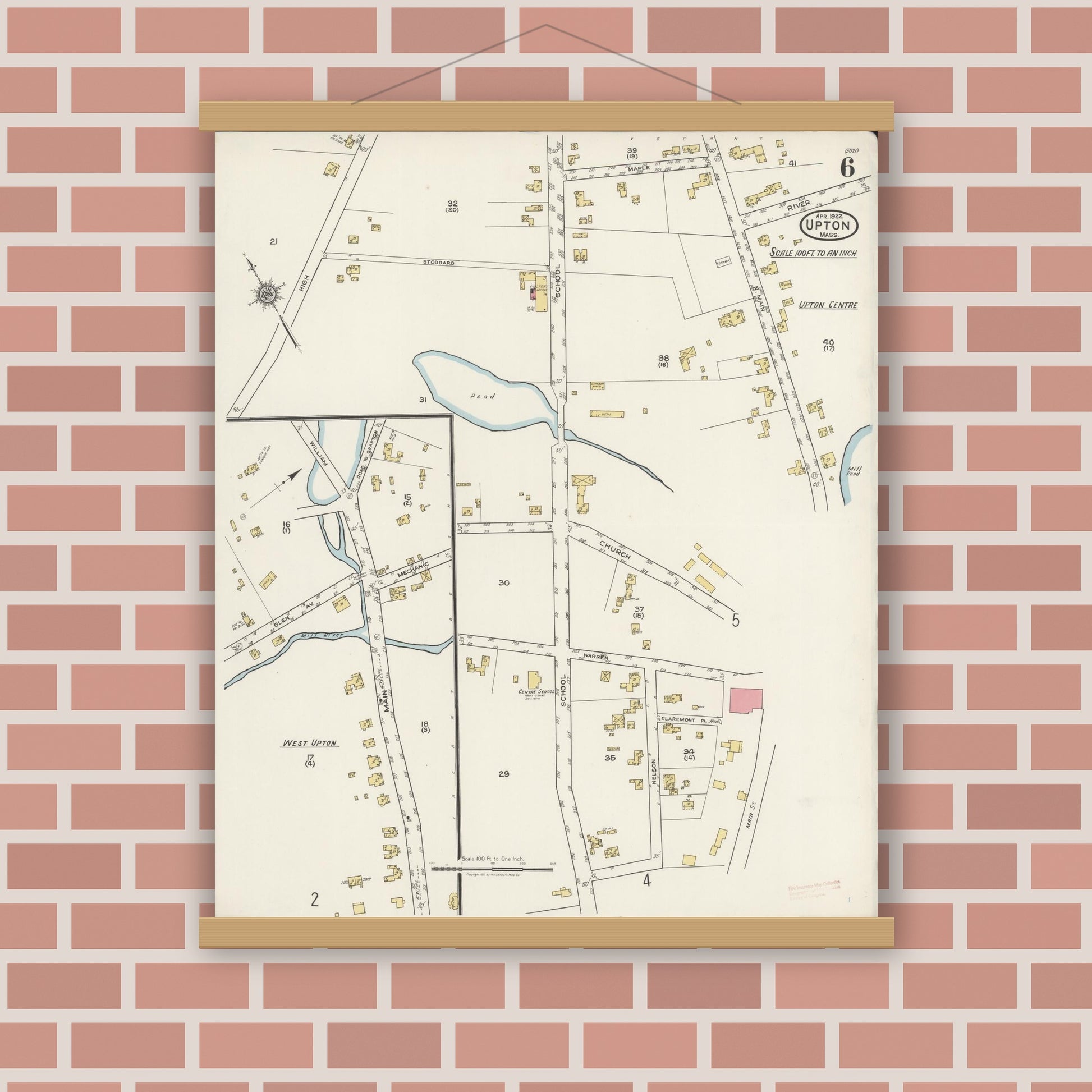 Old map wall art mockup — magnetic wood frame on brick wall — Sanborn Fire Insurance Map from Upton, Worcester County, Massachusetts (1922), Sheet #0006